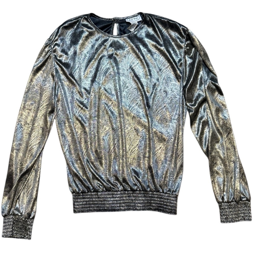 Vintage J.S. Neal Metallic Paisley Blouse Medium Made in USA Disco Shimmer Glam